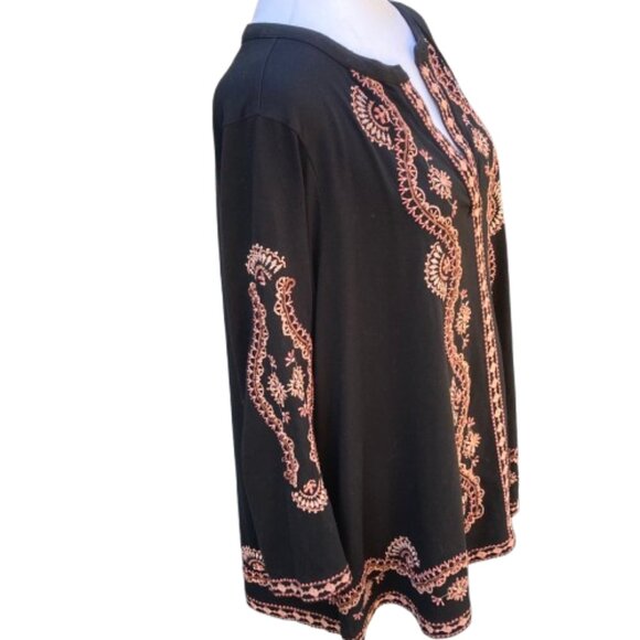 J. Jill Black Embroidered Tunic Top Pull-over V Neck Boho Tan Pink Floral, sz XL - Picture 4 of 10